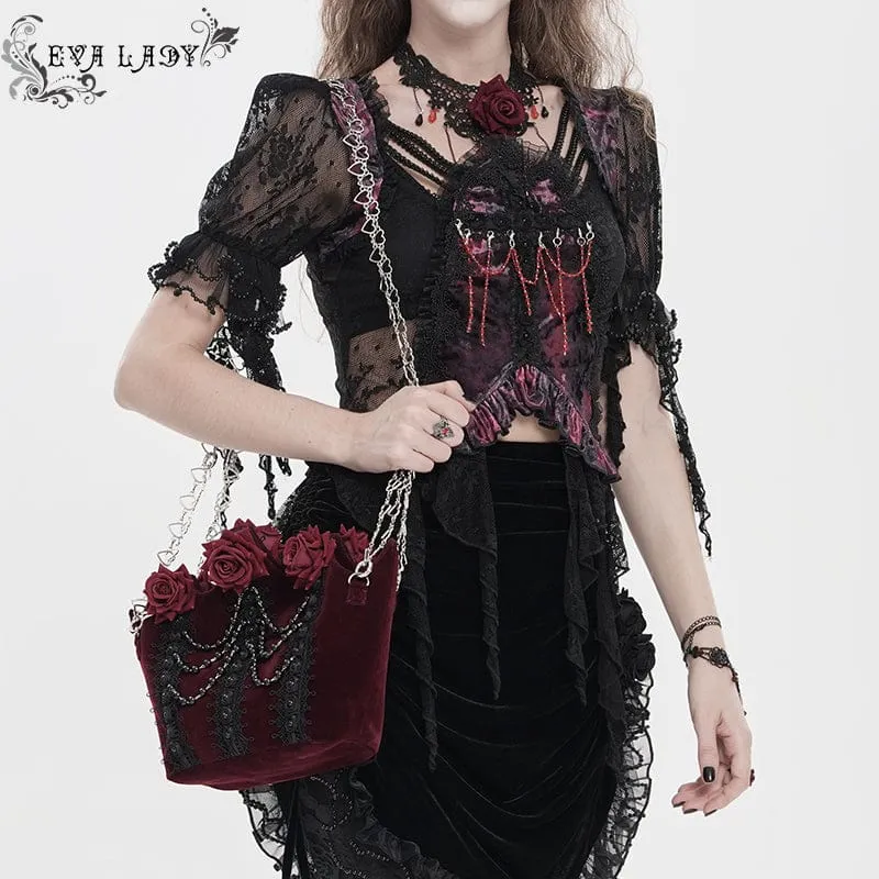 Gothic-Tasche für Damen, rot, mit Rosenmuster, Perlen und Kette