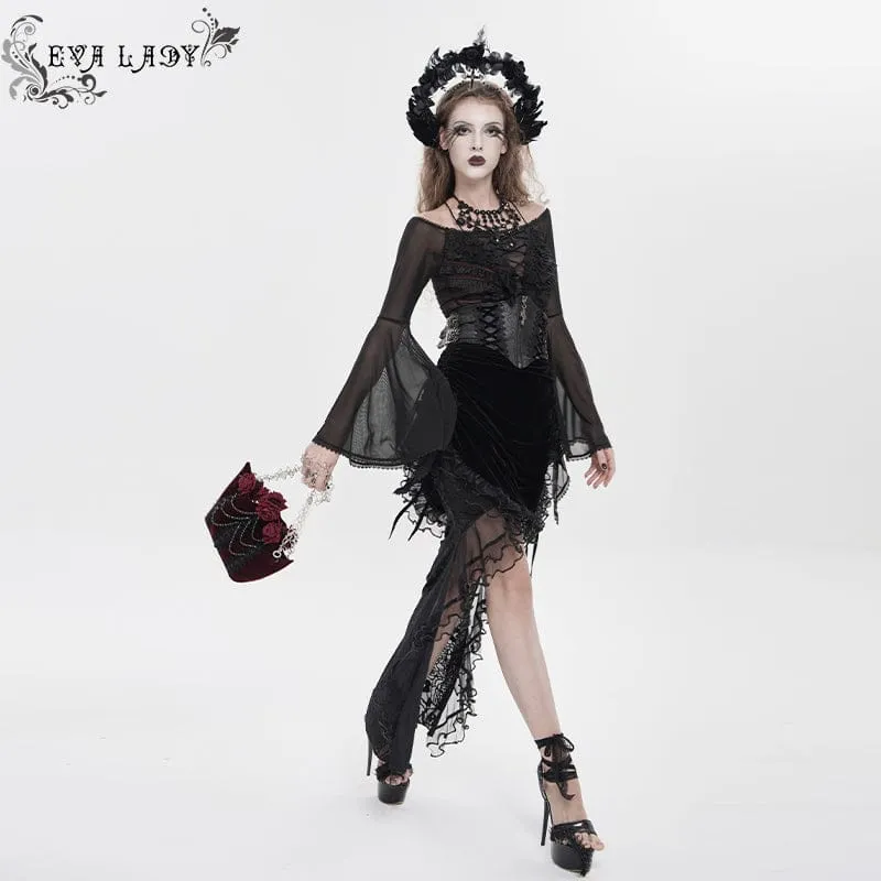 Gothic-Tasche für Damen, rot, mit Rosenmuster, Perlen und Kette
