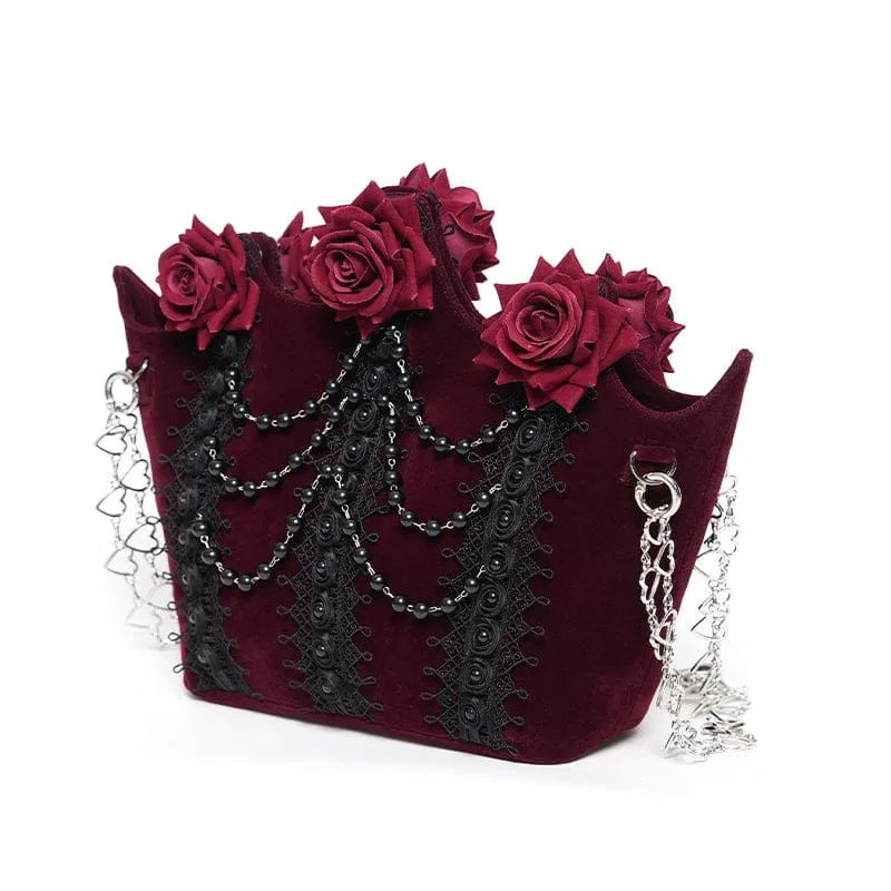 Gothic-Tasche für Damen, rot, mit Rosenmuster, Perlen und Kette