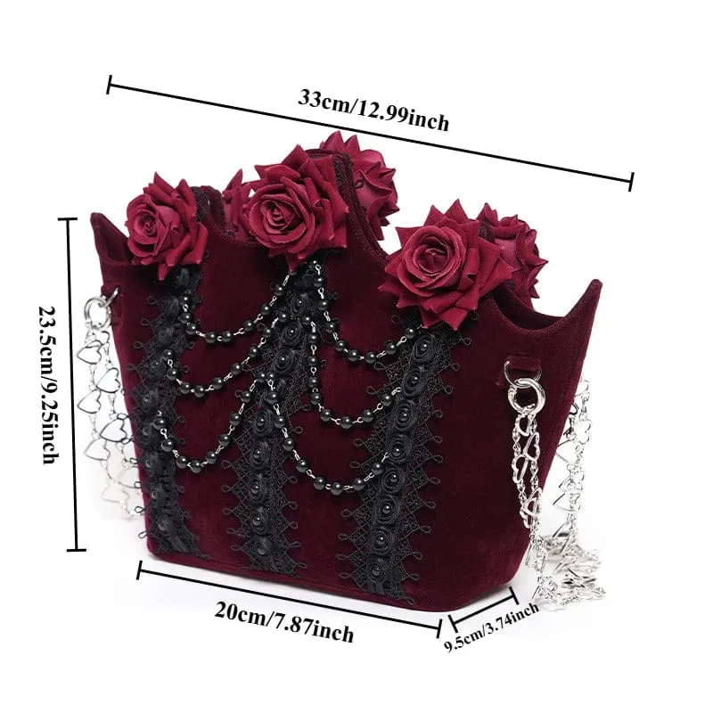 Gothic-Tasche für Damen, rot, mit Rosenmuster, Perlen und Kette