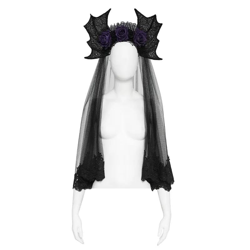 Gothic-Kopfbedeckung für Damen mit Fledermausflügel-Rosenmuster aus Netzstoff