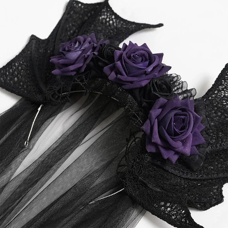 Gothic-Kopfbedeckung für Damen mit Fledermausflügel-Rosenmuster aus Netzstoff