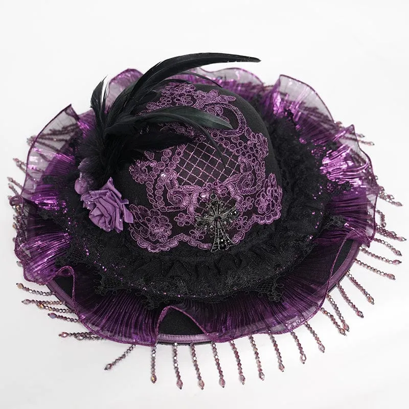 Gothic-Hut für Damen mit Blumenstickerei, Federquasten
