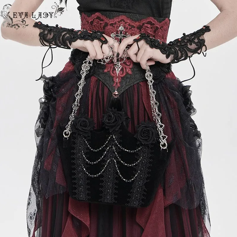 Schwarze gotische Damen-Tasche mit Rosenmuster, Perlen und Kette