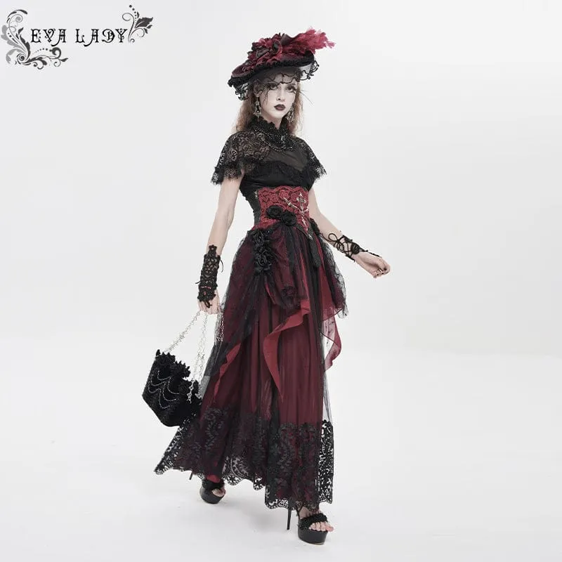 Schwarze gotische Damen-Tasche mit Rosenmuster, Perlen und Kette