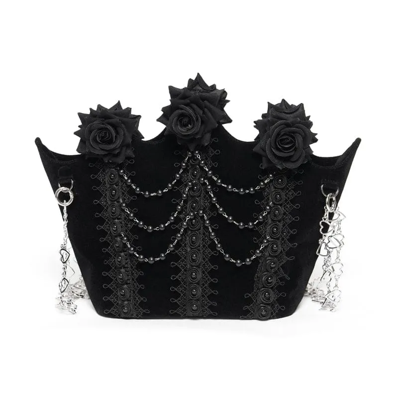 Schwarze gotische Damen-Tasche mit Rosenmuster, Perlen und Kette