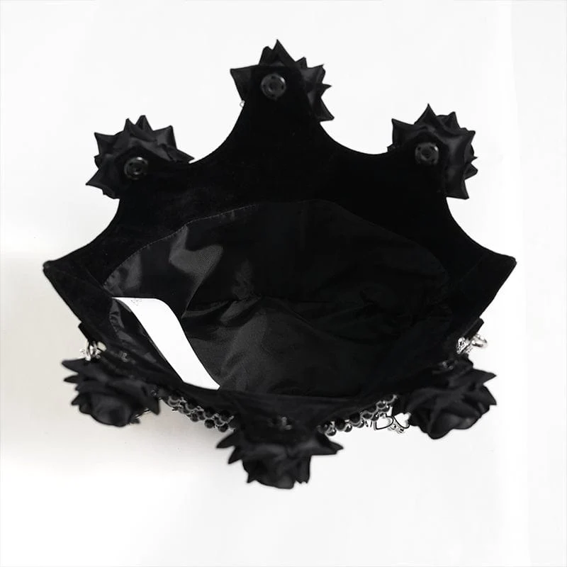 Schwarze gotische Damen-Tasche mit Rosenmuster, Perlen und Kette