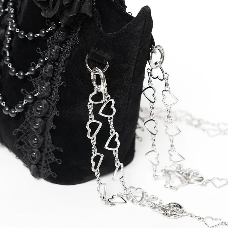 Schwarze gotische Damen-Tasche mit Rosenmuster, Perlen und Kette