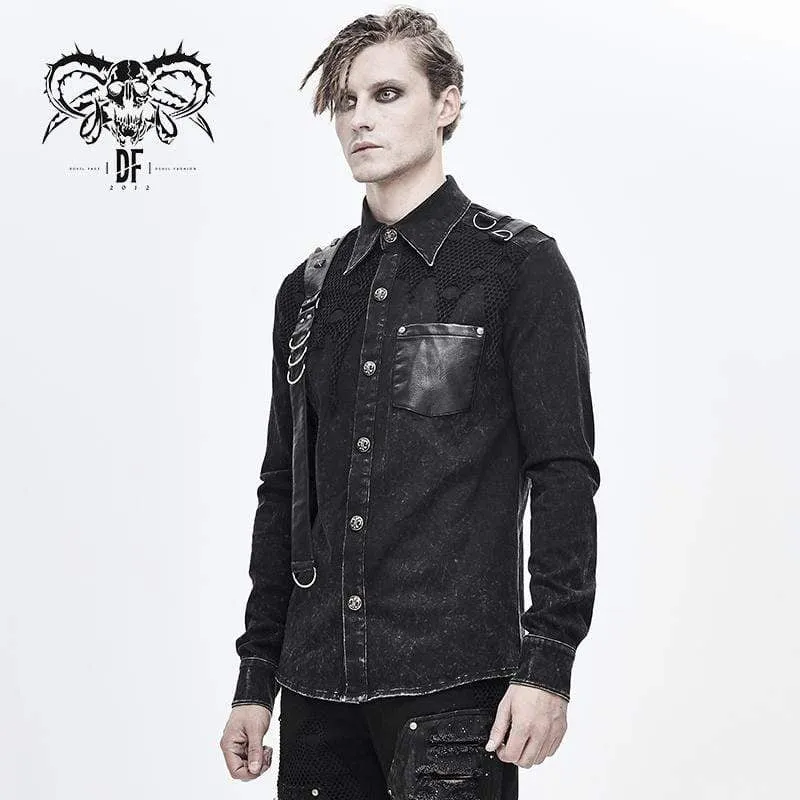 Herren Punk Mesh Applique Harness Denim Shirts