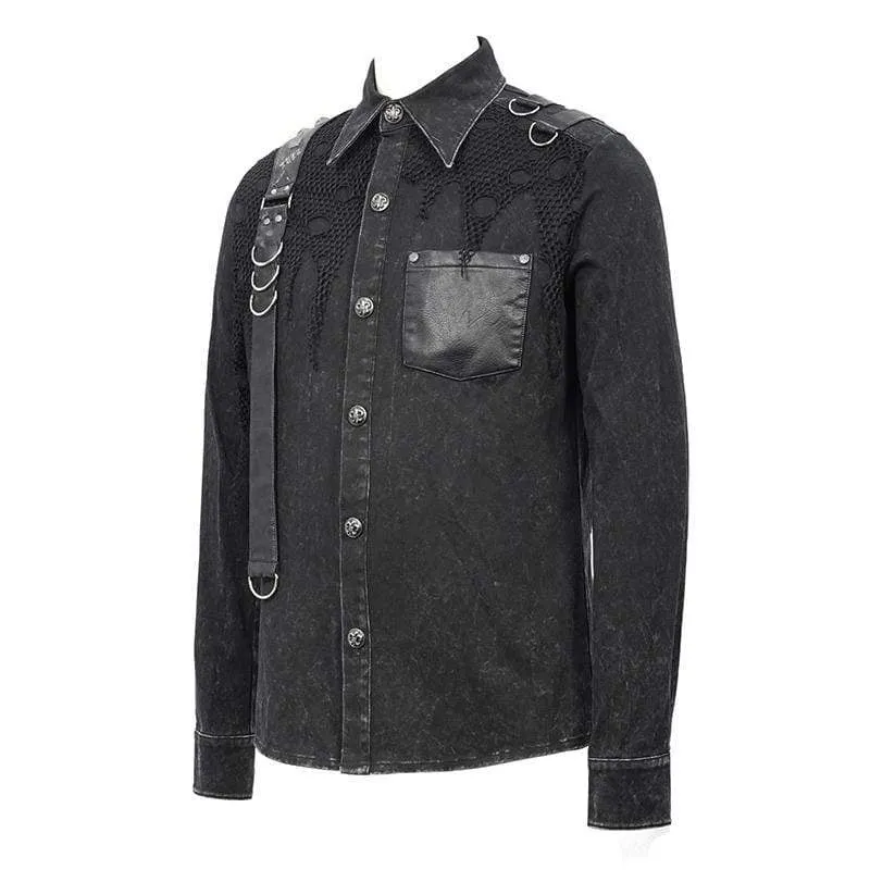 Herren Punk Mesh Applique Harness Denim Shirts