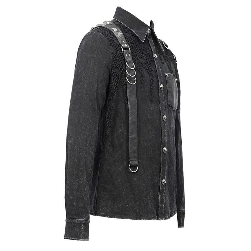Herren Punk Mesh Applique Harness Denim Shirts