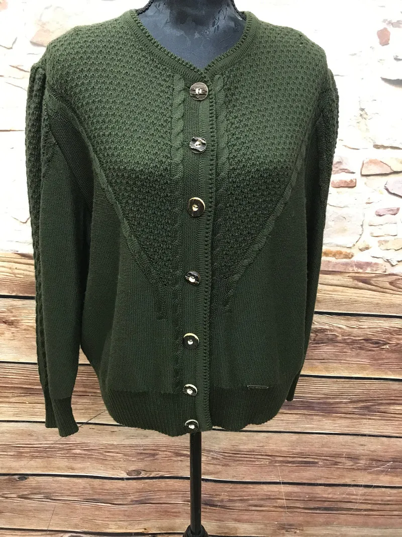 Vintage Trachten Strickjacke Damen Dunkelgrün Lepegro – Größe 44
