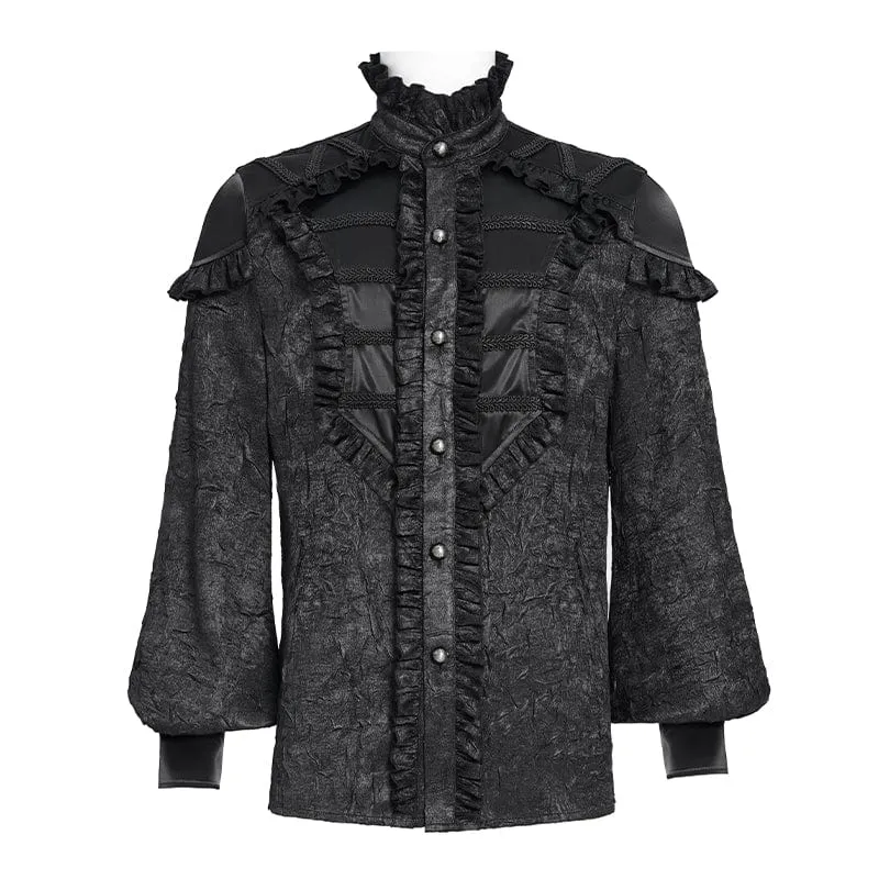 Gothic-Hemd mit Rüschen und Stehkragen und Puffärmeln für Herren, Schwarz