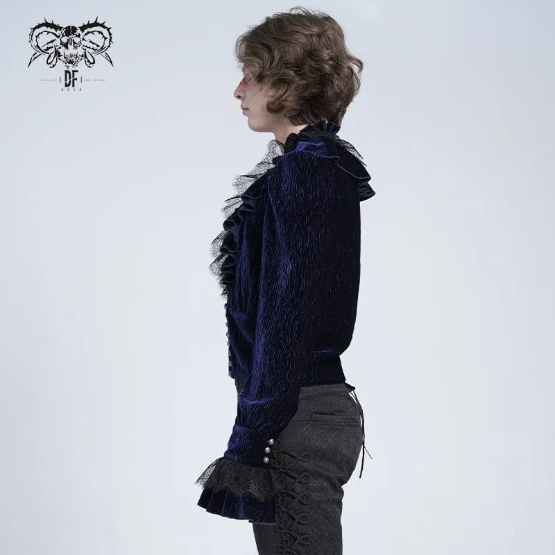 Gothic-Hemd mit V-Ausschnitt und Rüschenspitze für Herren, Blau