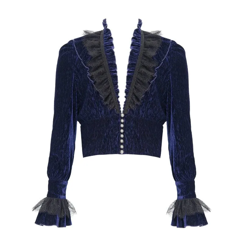 Gothic-Hemd mit V-Ausschnitt und Rüschenspitze für Herren, Blau