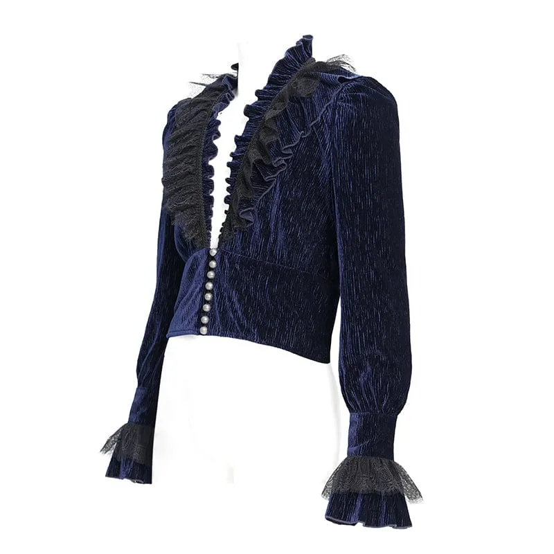 Gothic-Hemd mit V-Ausschnitt und Rüschenspitze für Herren, Blau