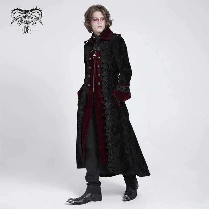 Herren Gothic Reverskragen Bestickter Samtmantel Rot