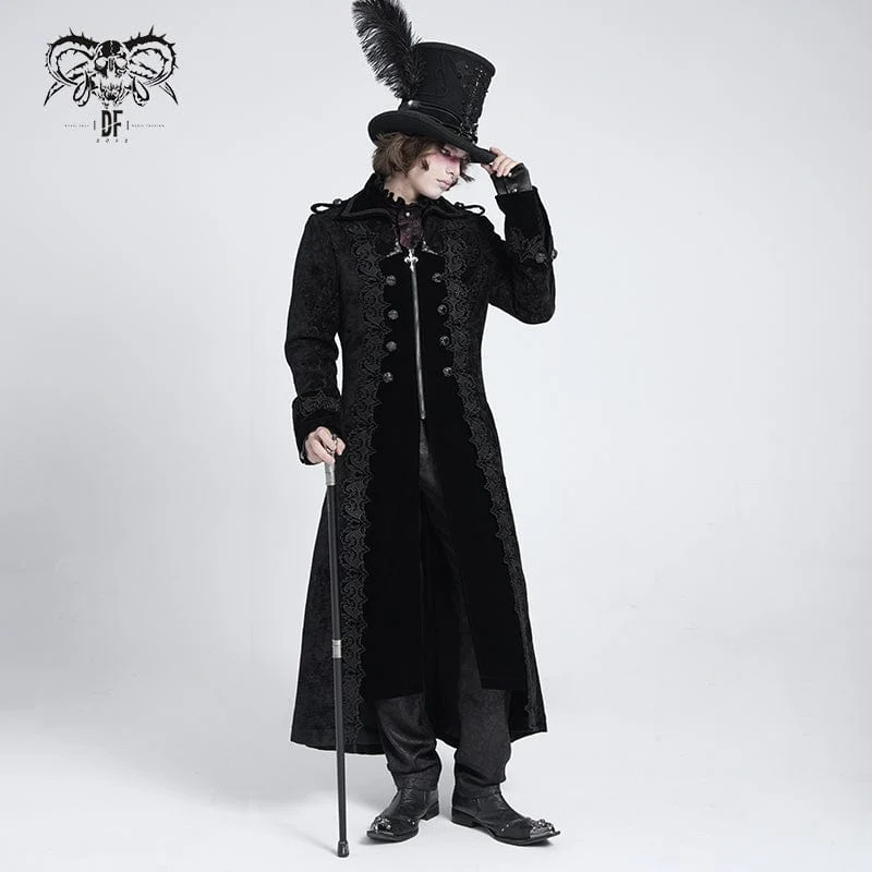 Herren Gothic Reverskragen Bestickter Samtmantel Schwarz