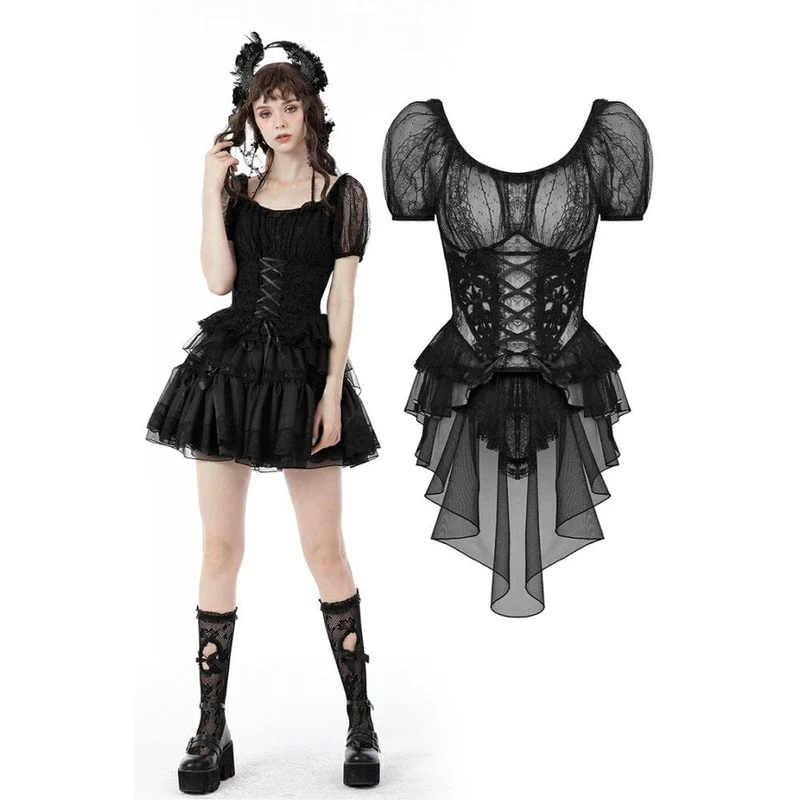 Gothic-Spitzentop mit Schwalbenschwanz und Puffärmeln für Damen