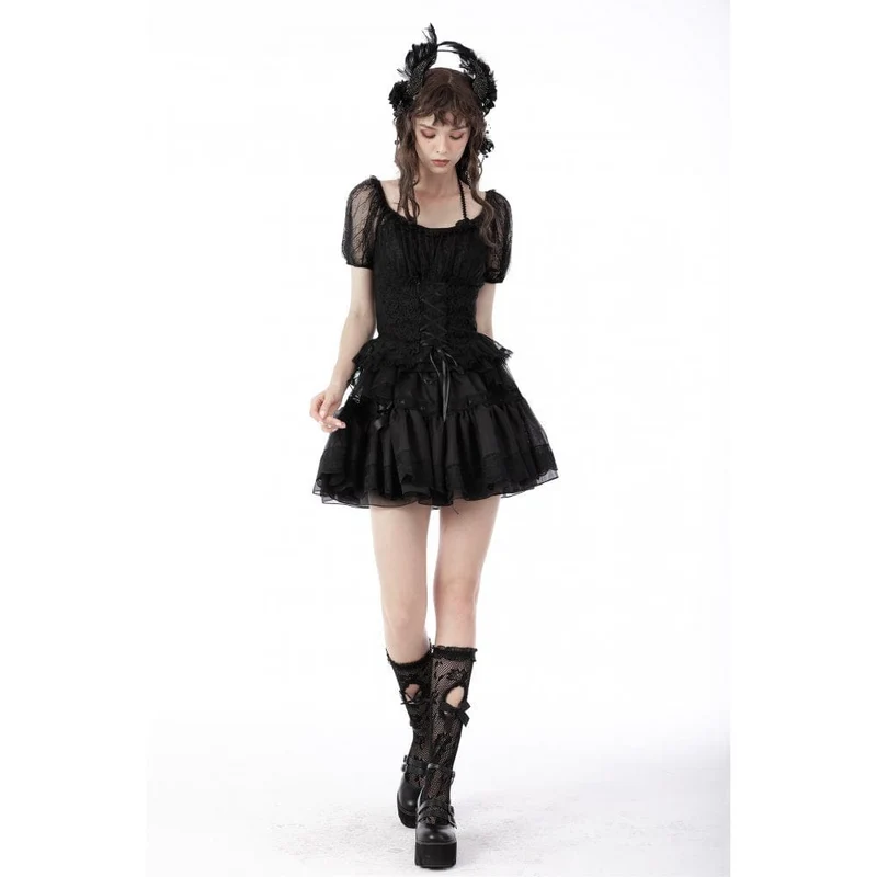 Gothic-Spitzentop mit Schwalbenschwanz und Puffärmeln für Damen