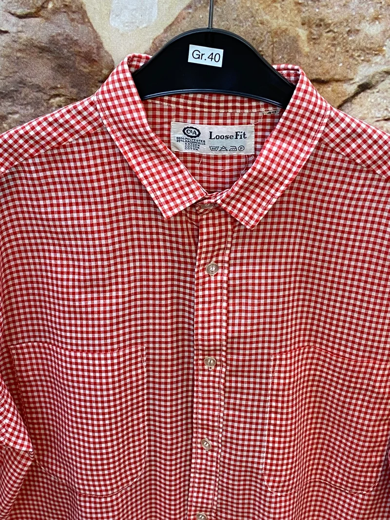 Vintage Trachtenhemd Gr. 40 – rot-weiß kariertes Kurzarmhemd von C&A Loose Fit