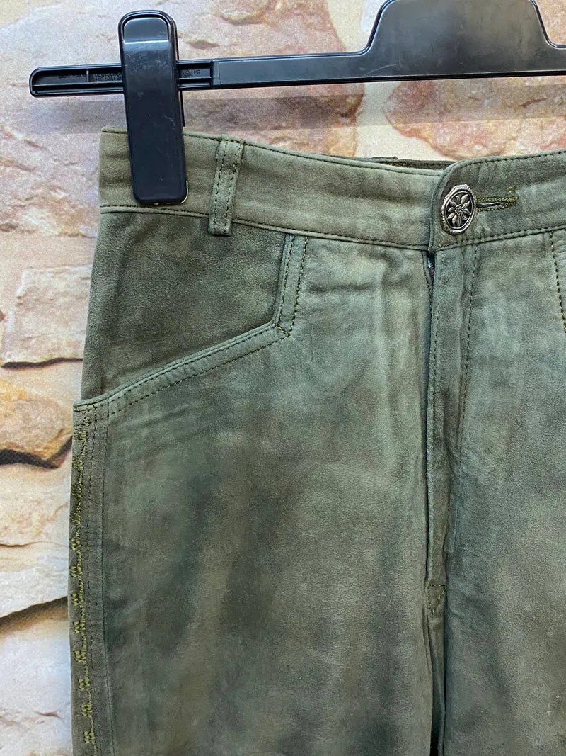 Meindl Damen Lederhose Gr. 36 – lange Trachtenlederhose in Olivgrün aus Leder