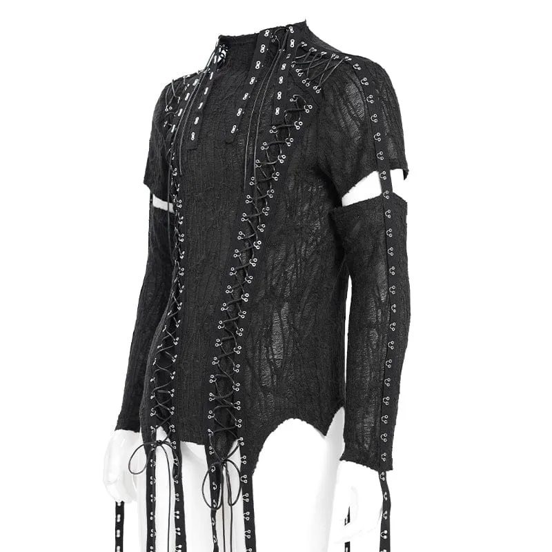 Gothic T-Shirt mit unregelmäßigen Ösenriemen und Schnürung für Herren