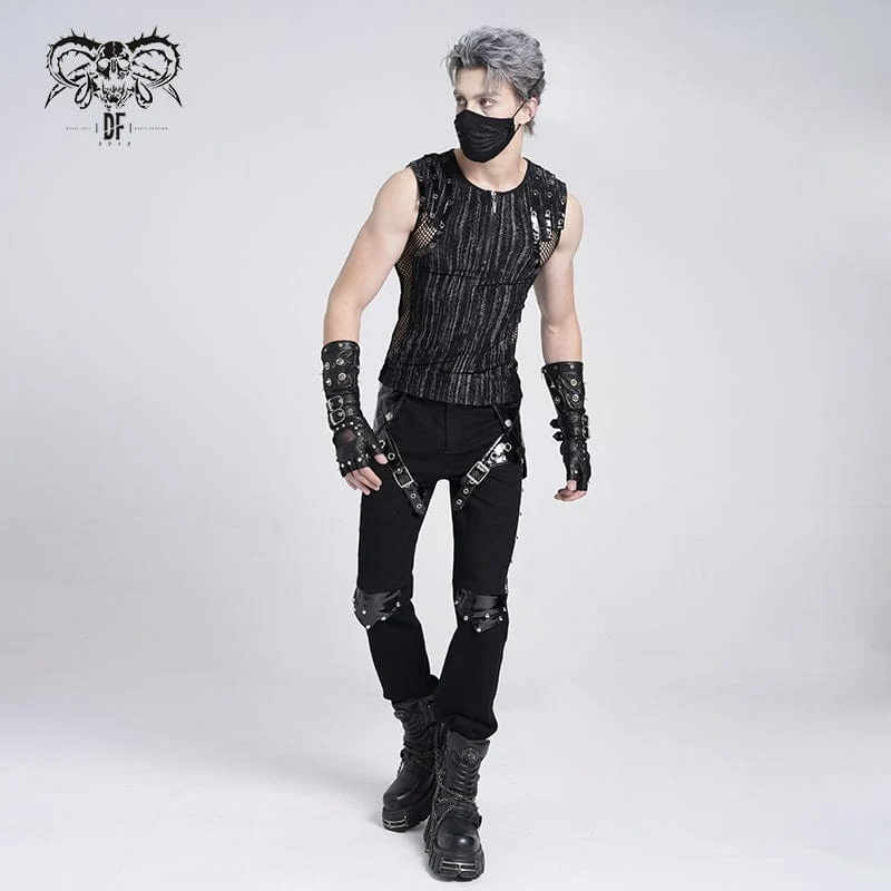 Gothic-Weste mit geripptem Mesh-Spleiß und Reißverschluss für Herren