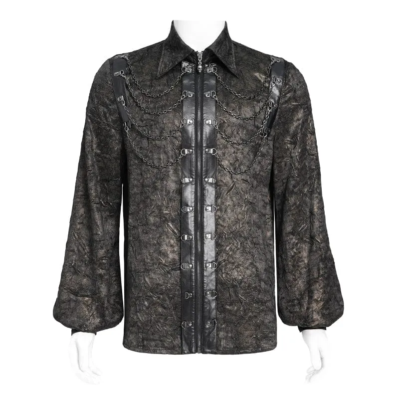 Gothic-Hemd aus Kunstleder mit Puffärmeln und Kette für Herren