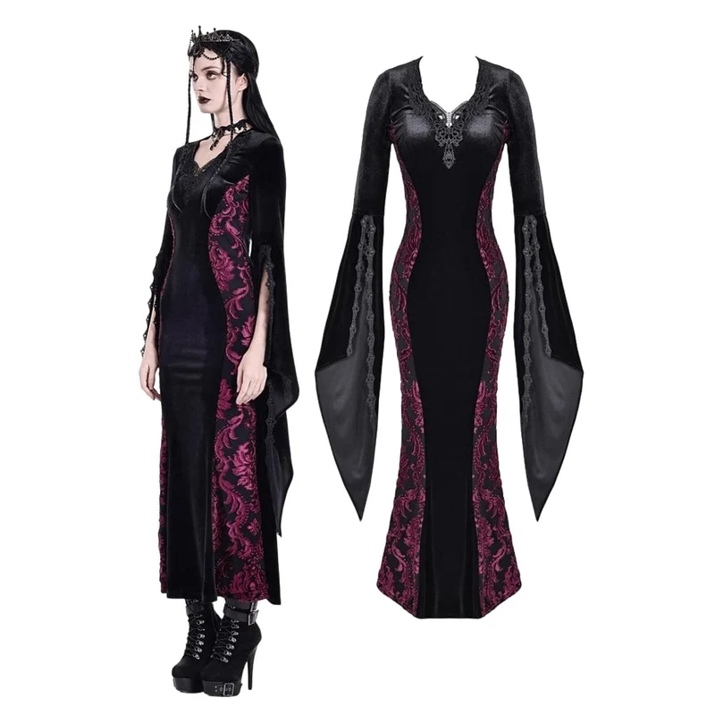 Gothic-Maxikleid aus Samt mit Applikationen, V-Ausschnitt und ausgestellten Ärmeln für Damen – Hochzeitskleid
