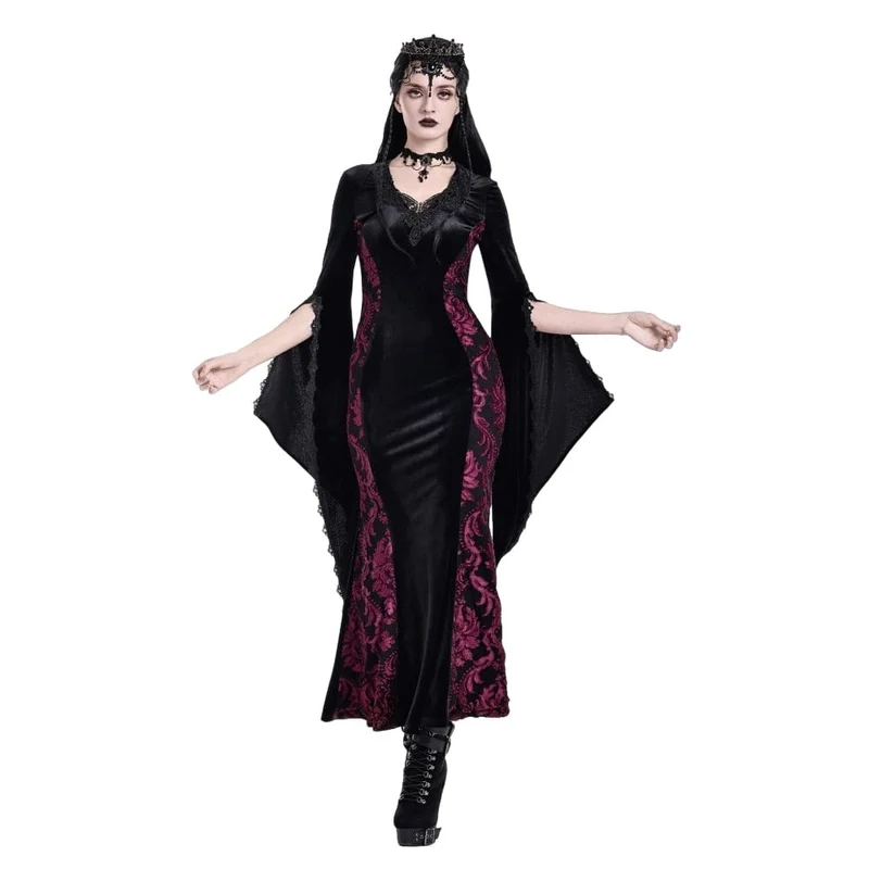 Gothic-Maxikleid aus Samt mit Applikationen, V-Ausschnitt und ausgestellten Ärmeln für Damen – Hochzeitskleid