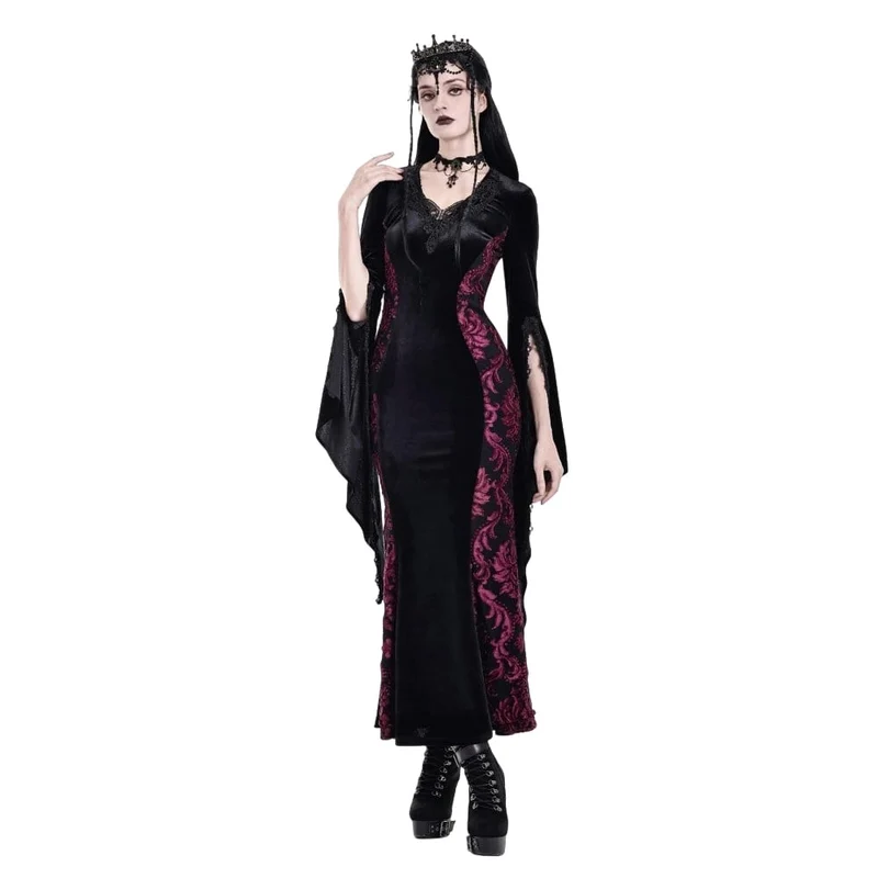 Gothic-Maxikleid aus Samt mit Applikationen, V-Ausschnitt und ausgestellten Ärmeln für Damen – Hochzeitskleid