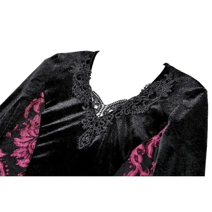 Gothic-Maxikleid aus Samt mit Applikationen, V-Ausschnitt und ausgestellten Ärmeln für Damen – Hochzeitskleid