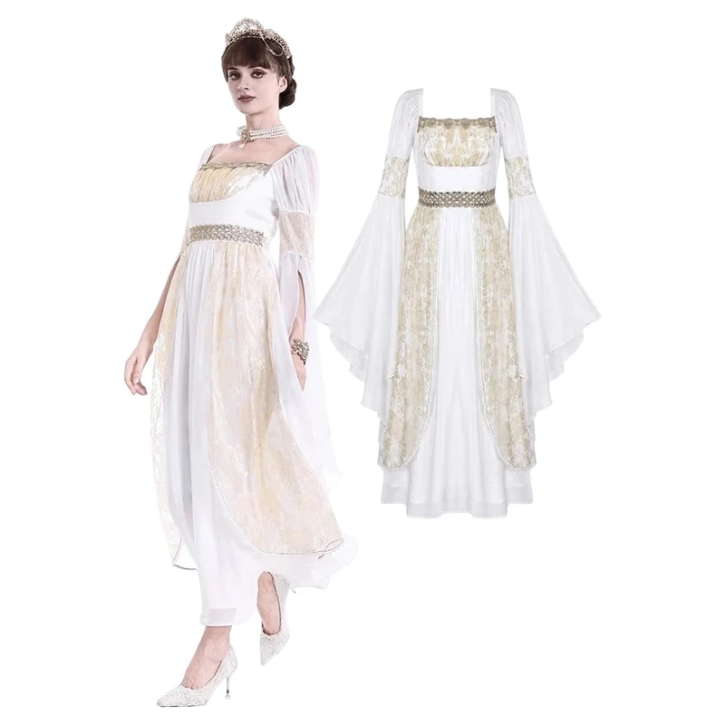 Gothic-Maxikleid für Damen, zweifarbig, mit eckigem Kragen, Glockenärmeln, Spitze und Chiffon, Hochzeitskleid