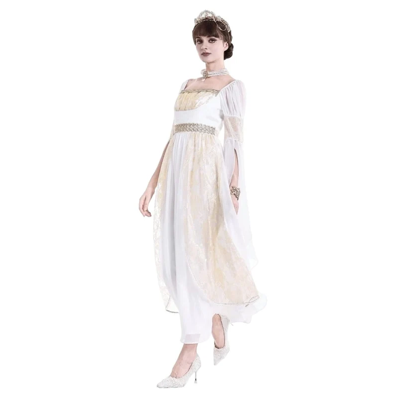 Gothic-Maxikleid für Damen, zweifarbig, mit eckigem Kragen, Glockenärmeln, Spitze und Chiffon, Hochzeitskleid