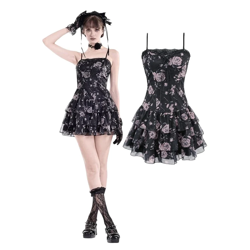 Grunge-Schnürkleid mit Rosenmuster, gestuftem Rüschensaum und rosafarbenem Saum – perfekt für den Schulabschluss