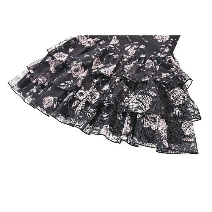 Grunge-Schnürkleid mit Rosenmuster, gestuftem Rüschensaum und rosafarbenem Saum – perfekt für den Schulabschluss