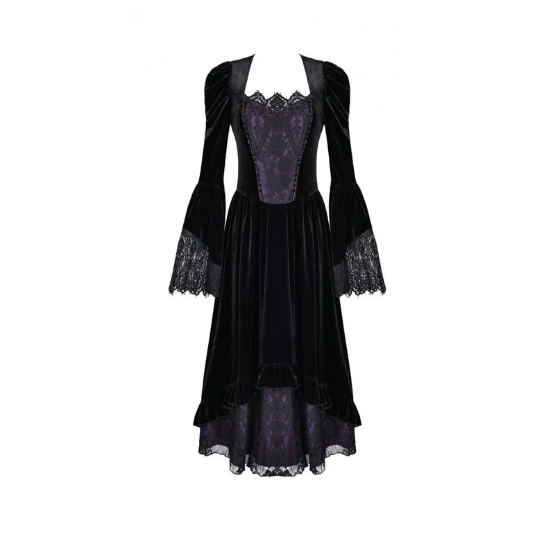 Gothic-Maxikleid für Damen mit kontrastfarbenem, eckigem Kragen und Glockenärmeln – Hochzeitskleid