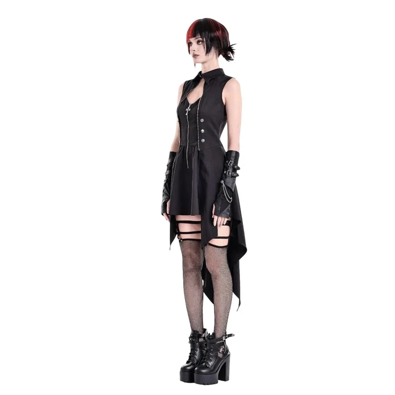 Punk-Kleid für Damen mit Cut-outs, Umlegekragen, Reißverschluss und asymmetrischem Saum