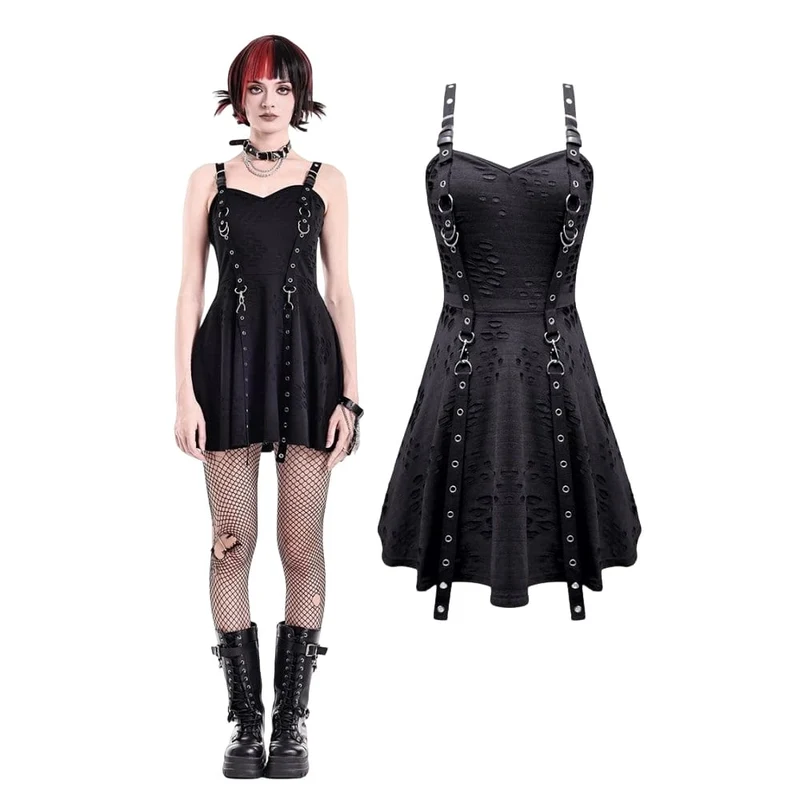 Punk-Slipkleid mit Ösenriemen und Used-Look für Damen