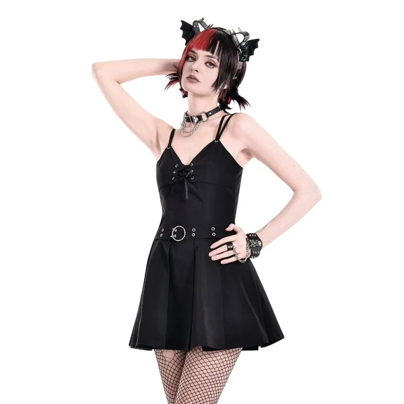 Gothic-Kleid für Damen mit Schnallenriemen und tiefem V-Ausschnitt