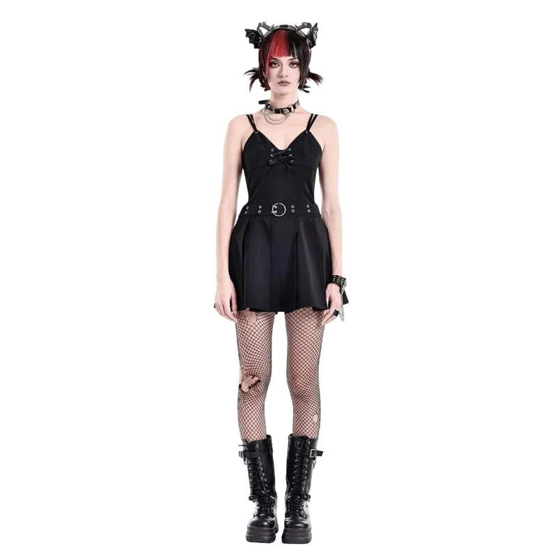 Gothic-Kleid für Damen mit Schnallenriemen und tiefem V-Ausschnitt