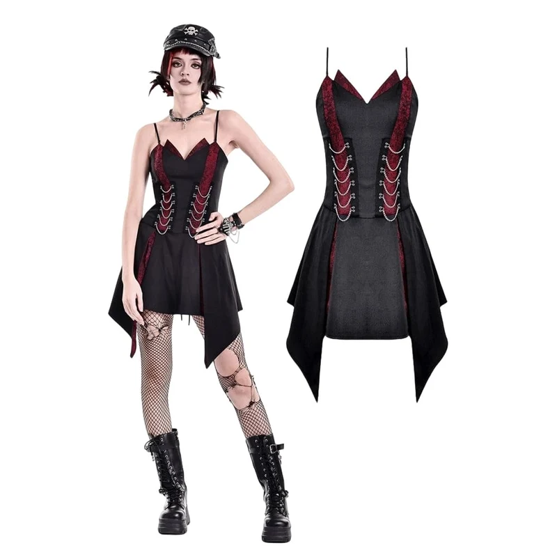 Punk-Kleid für Damen mit Ketten, kontrastfarbenem, unregelmäßigem Saum, Abschlusskleid