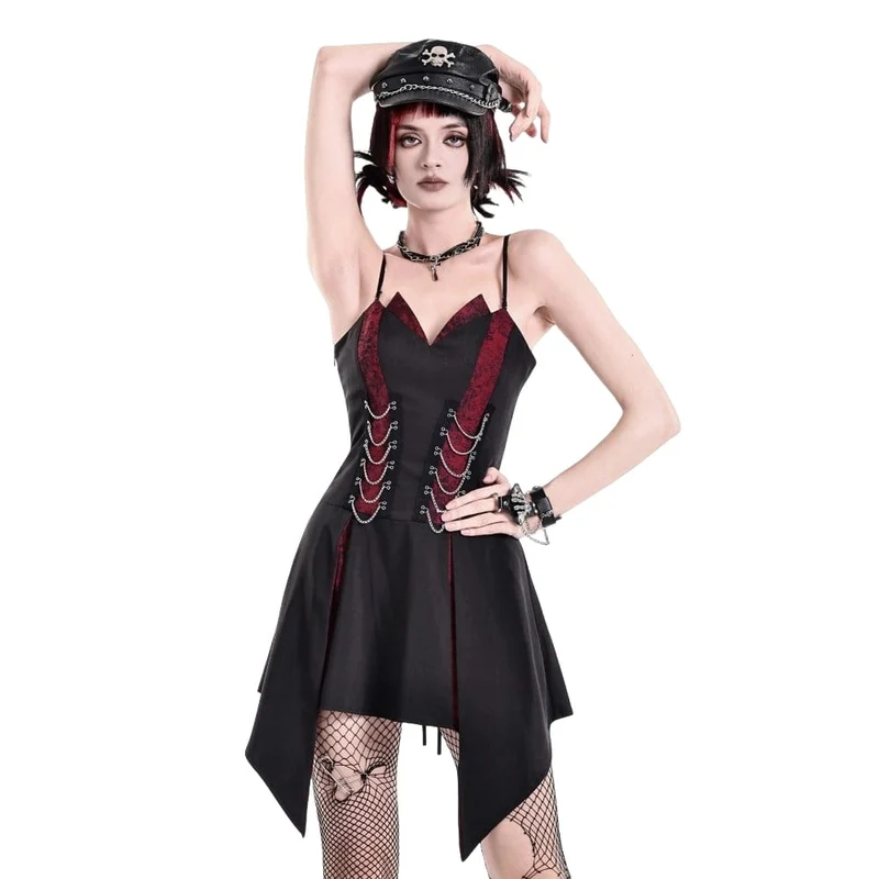 Punk-Kleid für Damen mit Ketten, kontrastfarbenem, unregelmäßigem Saum, Abschlusskleid