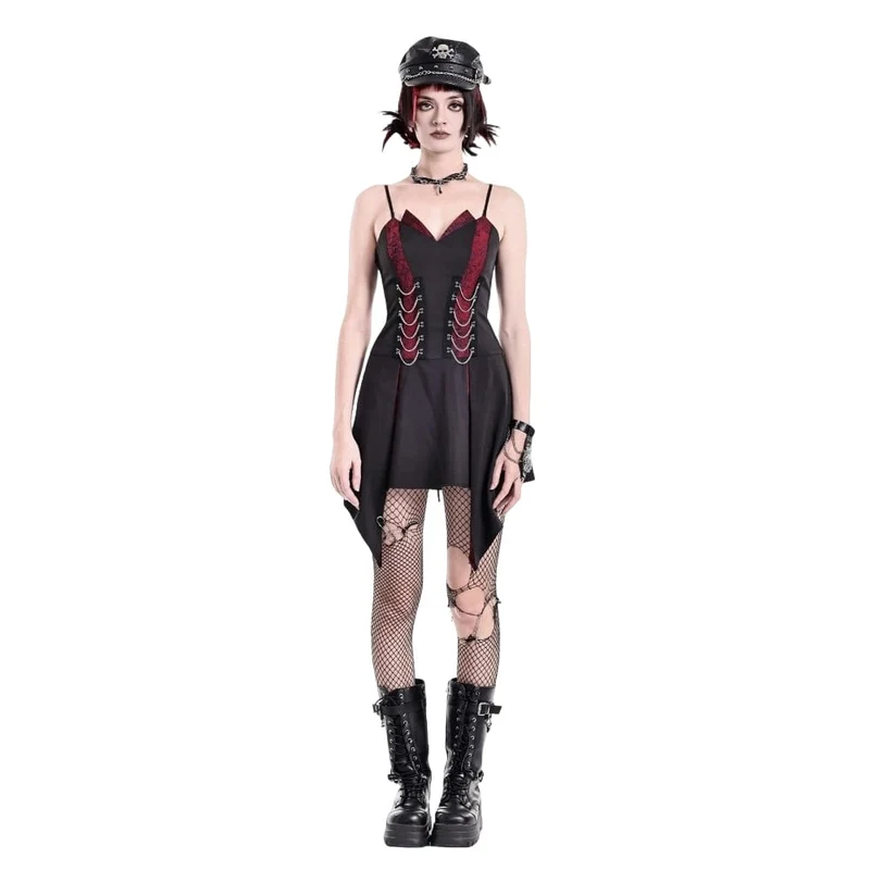 Punk-Kleid für Damen mit Ketten, kontrastfarbenem, unregelmäßigem Saum, Abschlusskleid