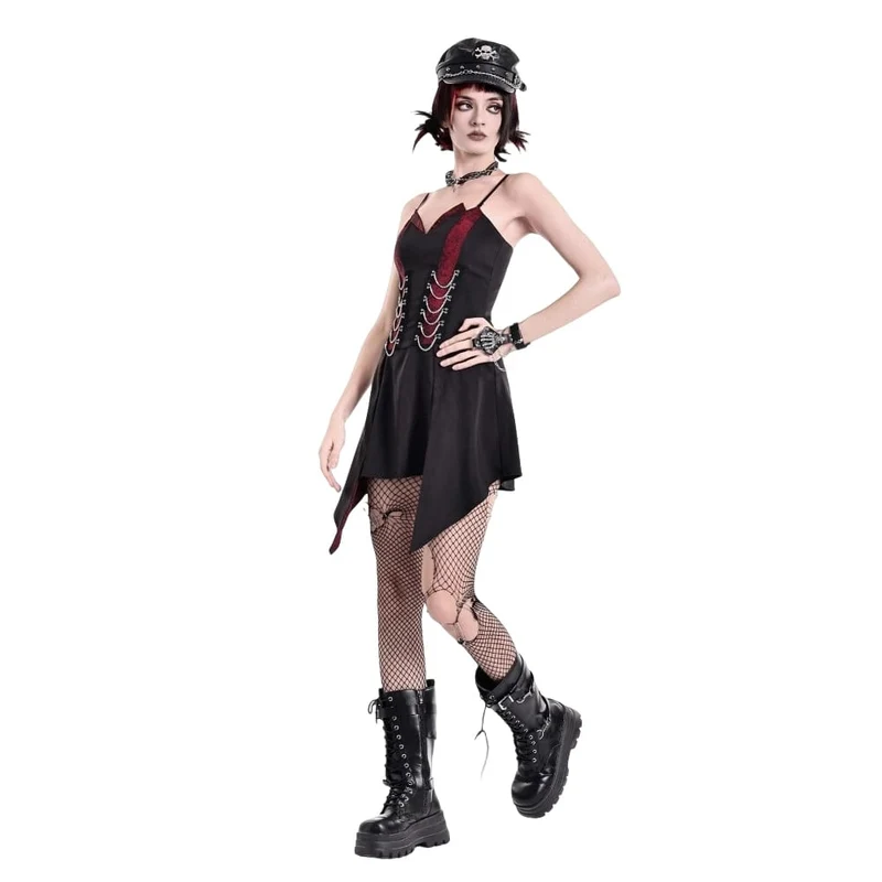 Punk-Kleid für Damen mit Ketten, kontrastfarbenem, unregelmäßigem Saum, Abschlusskleid
