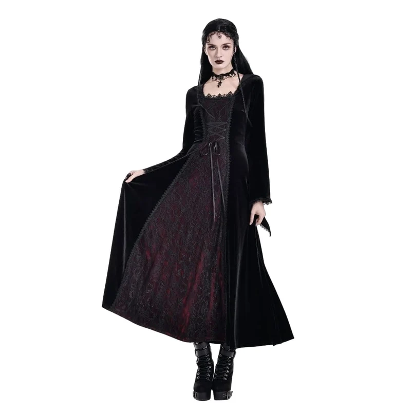 Gothic Maxikleid für Damen mit Schnürung, Farbblock-Design und Kapuze