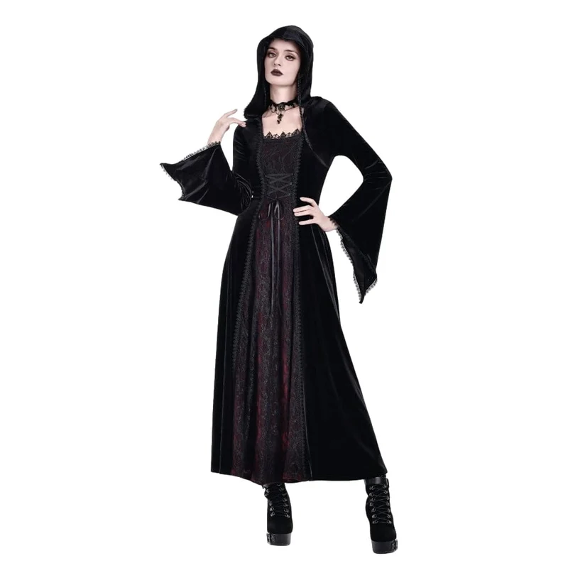 Gothic Maxikleid für Damen mit Schnürung, Farbblock-Design und Kapuze
