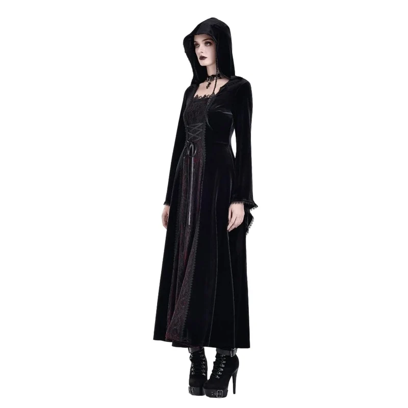 Gothic Maxikleid für Damen mit Schnürung, Farbblock-Design und Kapuze