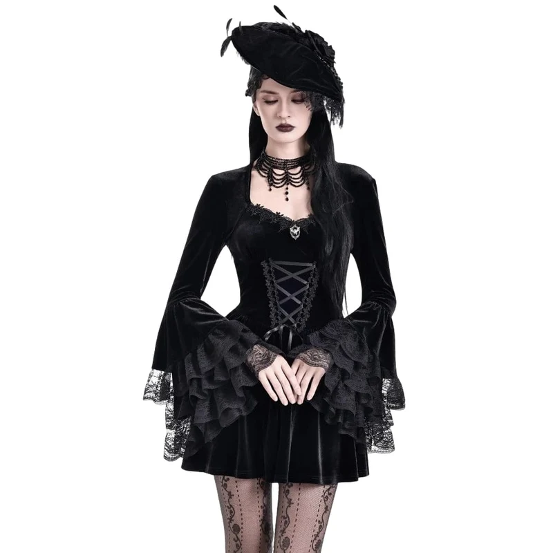 Gothic-Kleid für Damen mit Schnürung, eckigem Kragen und ausgestellten Ärmeln – Abschlusskleid